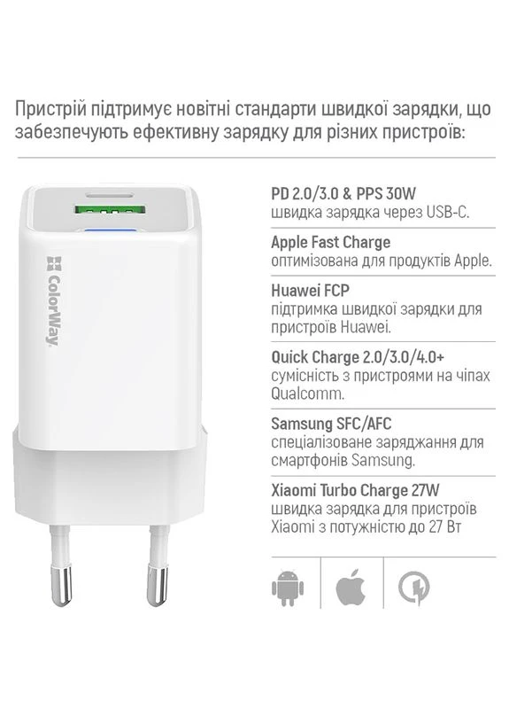 Зарядное устройство GaN Mini 30W + кабель Type-C White (CW-CHS053PDC-WT) Colorway (324557950)