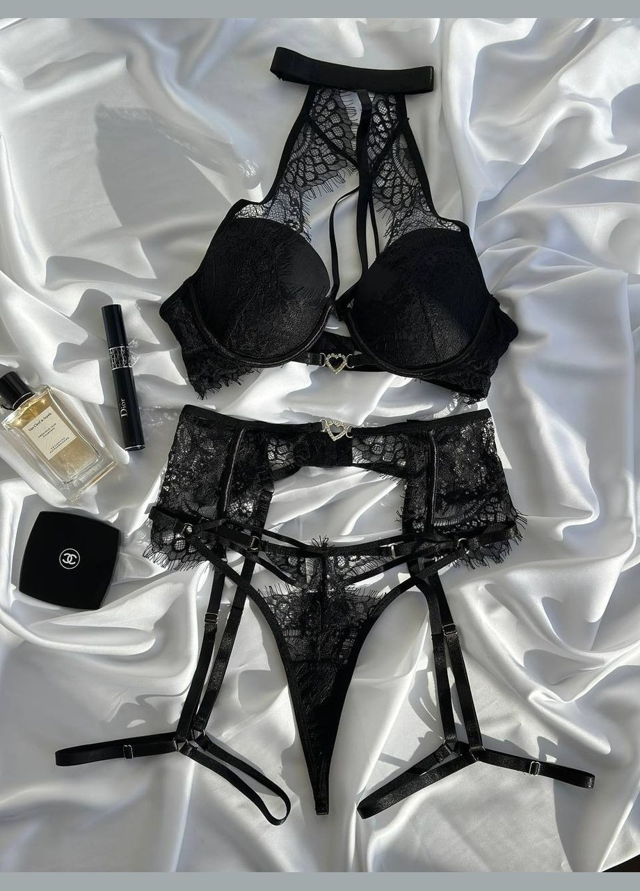 Чорний демісезонний вишуканий мереживний комплект з поясом та гартерами No Brand