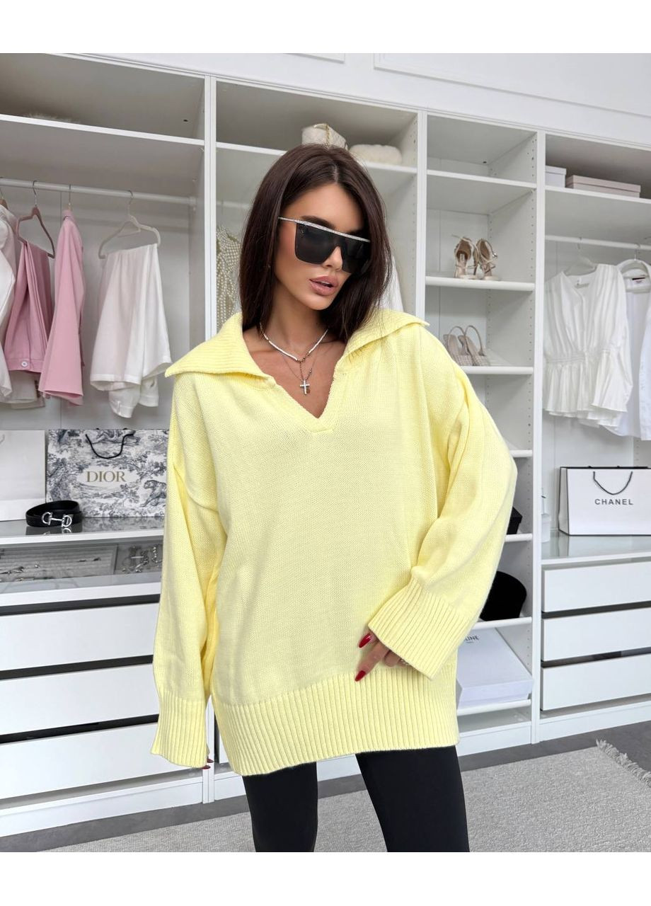 Светло-желтый зимний стильный вязаный свитер оверсайз пуловер Україна