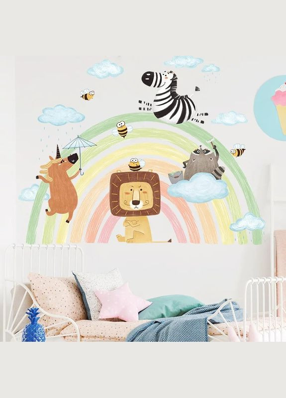 Вінілові наклейки в дитячу на стіну Веселка в хмарах і звірі ( лист 60 х 60 см) No Brand (302242414)