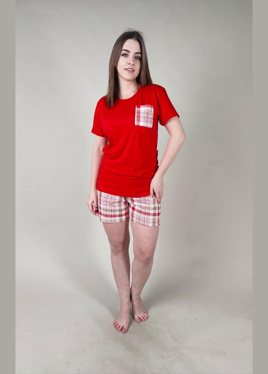 Красная всесезон женская коттоновая пижама с футболкой и шортами батального размера турецкого производства Mirano