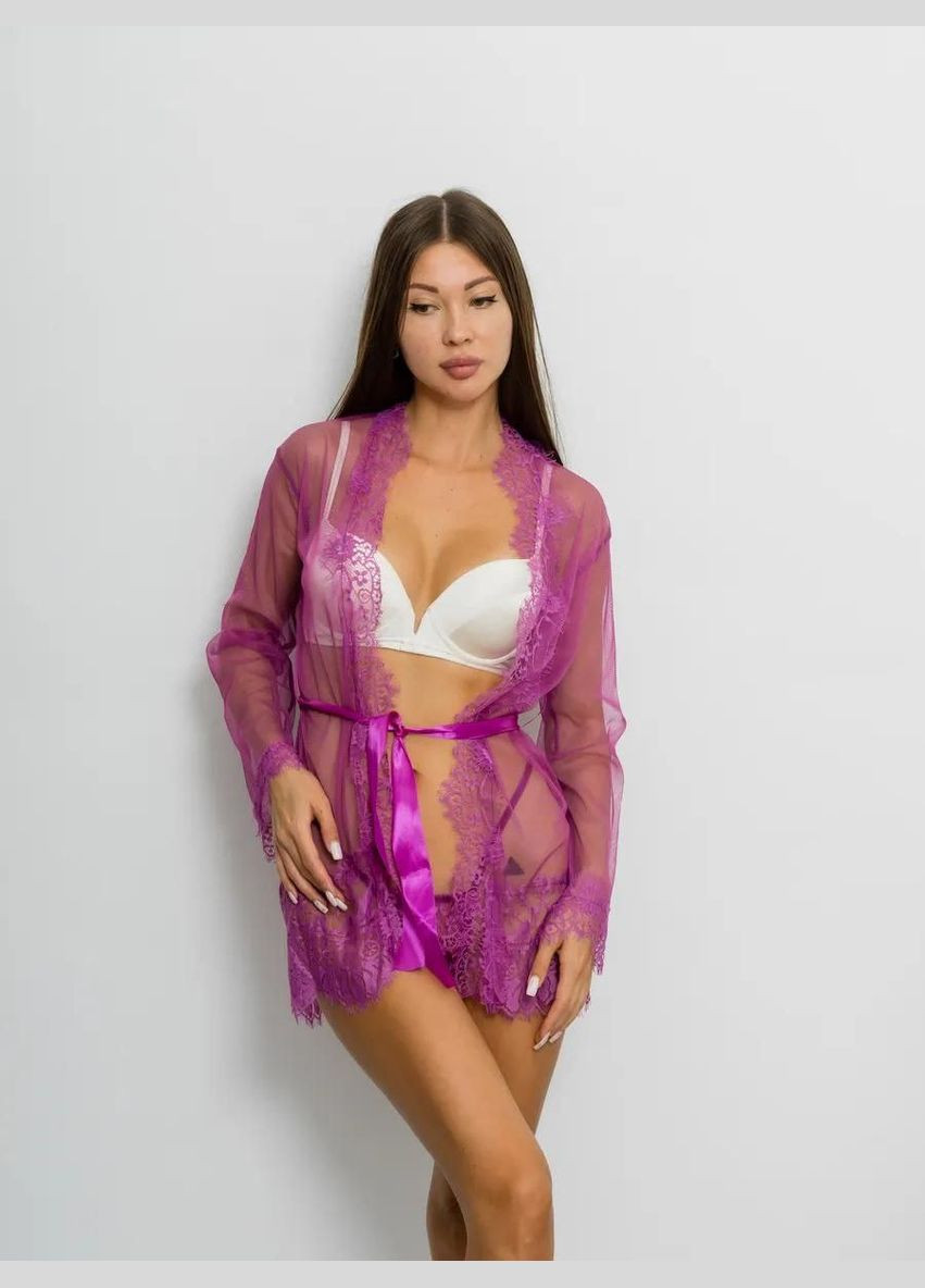 Фіолетовий демісезонний халат напівпрозорий короткий мереживом з трусиками чорний No Brand Жіночий набір Sabrina
