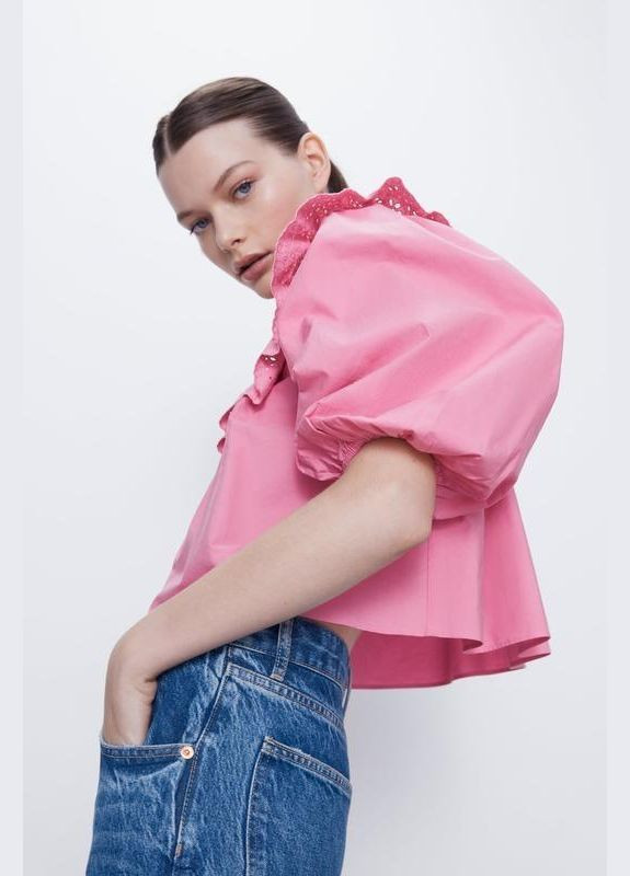 Рожева блузка рожева з попліну рюша вільного крою оверсайз рукав фонарик Zara