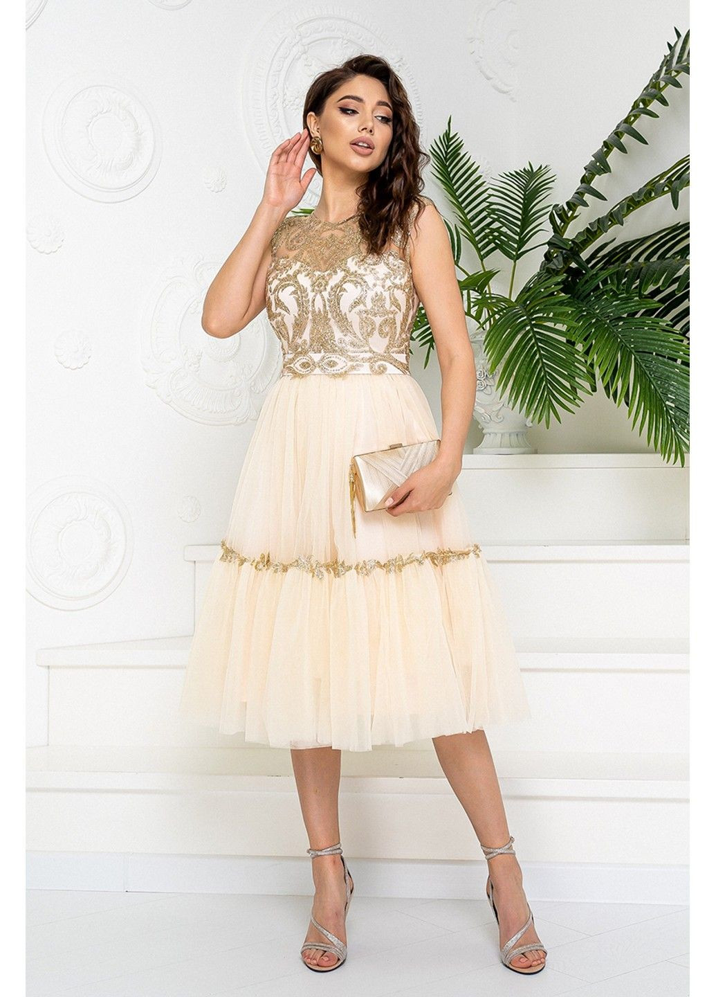 Персикова коктейльна сукня атлас гліттер 20065 персикова Tanita-Romario