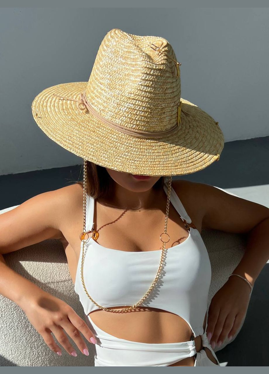 Літній солом'яний капелюх Федора із широкими полями, ланцюжком, пірсінгом та булавкою No Brand (293815350)