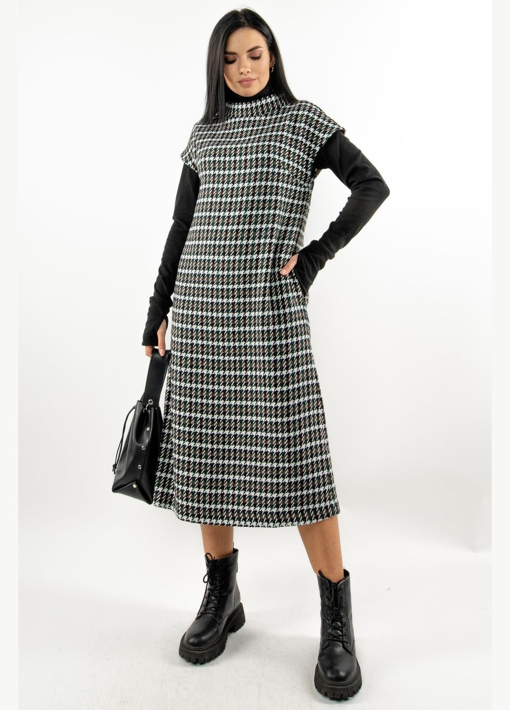 Зелена повсякденний сукня-сарафан міді з жакардової тканини з горловиною-стійкою (пл 3920) RiMari