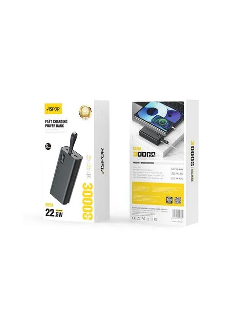 Портативное зарядное устройство (Повербанк) A337 30000mAh Fast Charge (2USB/Type-C/Micro/22.5W)- черный Aspor (368561075)