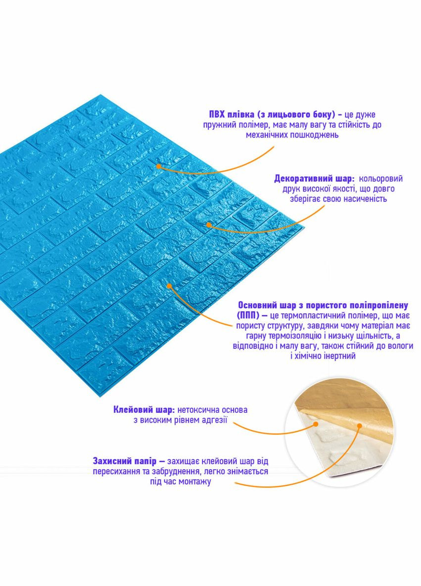 3D панель самоклеюча цегла Синій 700х770х7мм (003-7) SW-00000060 Sticker Wall (298285240)