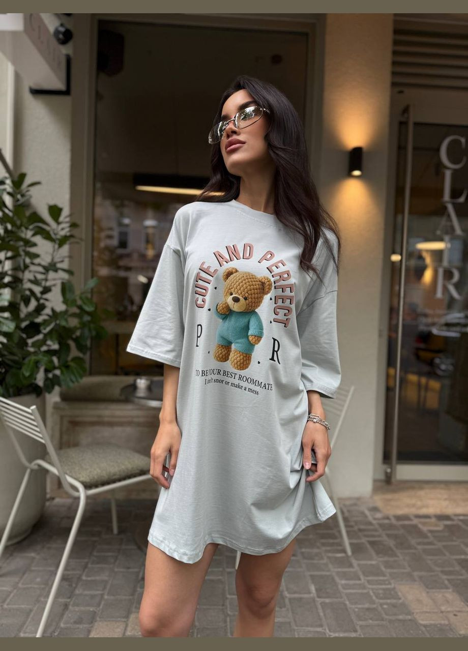 Серое хлопковое платье-футболка с рисунком Fashion