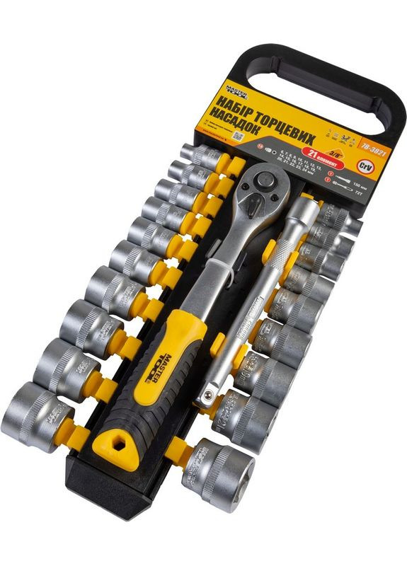 Набір головок торцевих 6-гранних ⅜" 6-24 мм з тріскачкою 72 зубці подовжувач CrV 21 шт 78-3821 Mastertool (364121329)