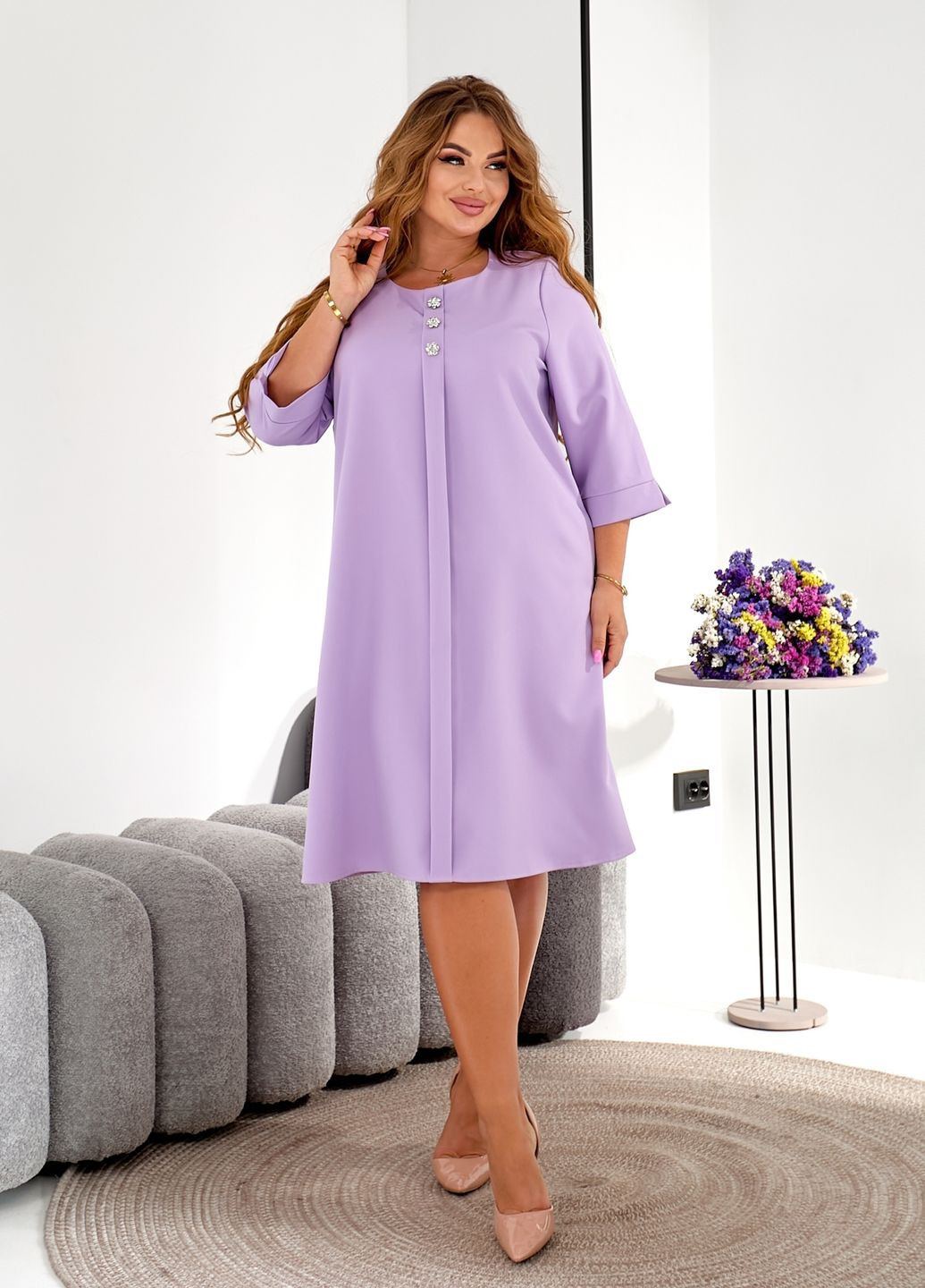 Лавандовое праздничный, вечернее платье свободного фасона а-силуэт миди с карманами а-силуэт No Brand однотонное