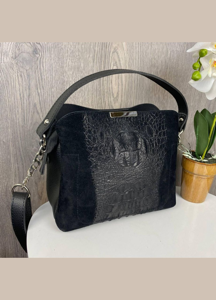 Замшева жіноча сумка чорна через плече під рептилію, невелика жіноча сумочка зміїна натуральна замша No Brand (334730184)