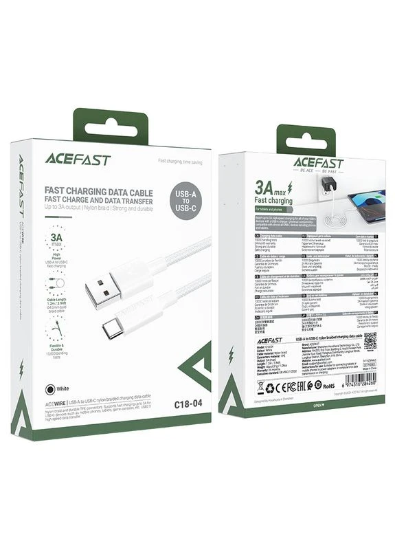 Кабель C18-04 USB – Type-C 3 А 1.2 м в нейлоновому обплетенні білий Acefast (401876959)