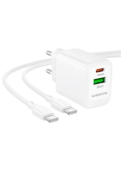 Зарядное устройство BN27 Fuente 1xUSB-C PD20W + 1xUSB QC3.0 + cable USB-C to USB-C White (6941991120282) Borofone BN27 Fuente 1xUSB-C PD20W + 1xUSB QC3.0 + cable US (370017242)