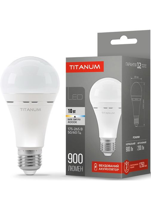 Акумуляторна лампа A68 10W E27 4000K 220V з автономною роботою до 3 год (TL-EMA68-10274) Titanum (282313082)