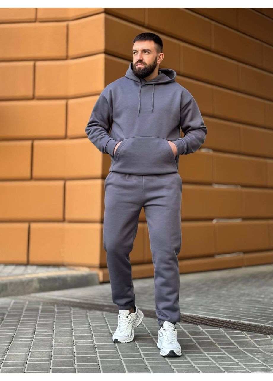 Графитовый зимний мужской теплый костюм с капюшоном. брючный No Brand
