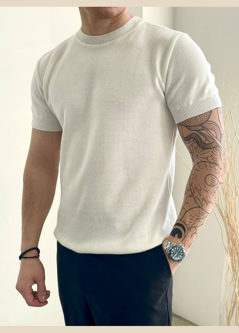 Біла стильна вʼязана футболка кежуал з коротким рукавом Vakko