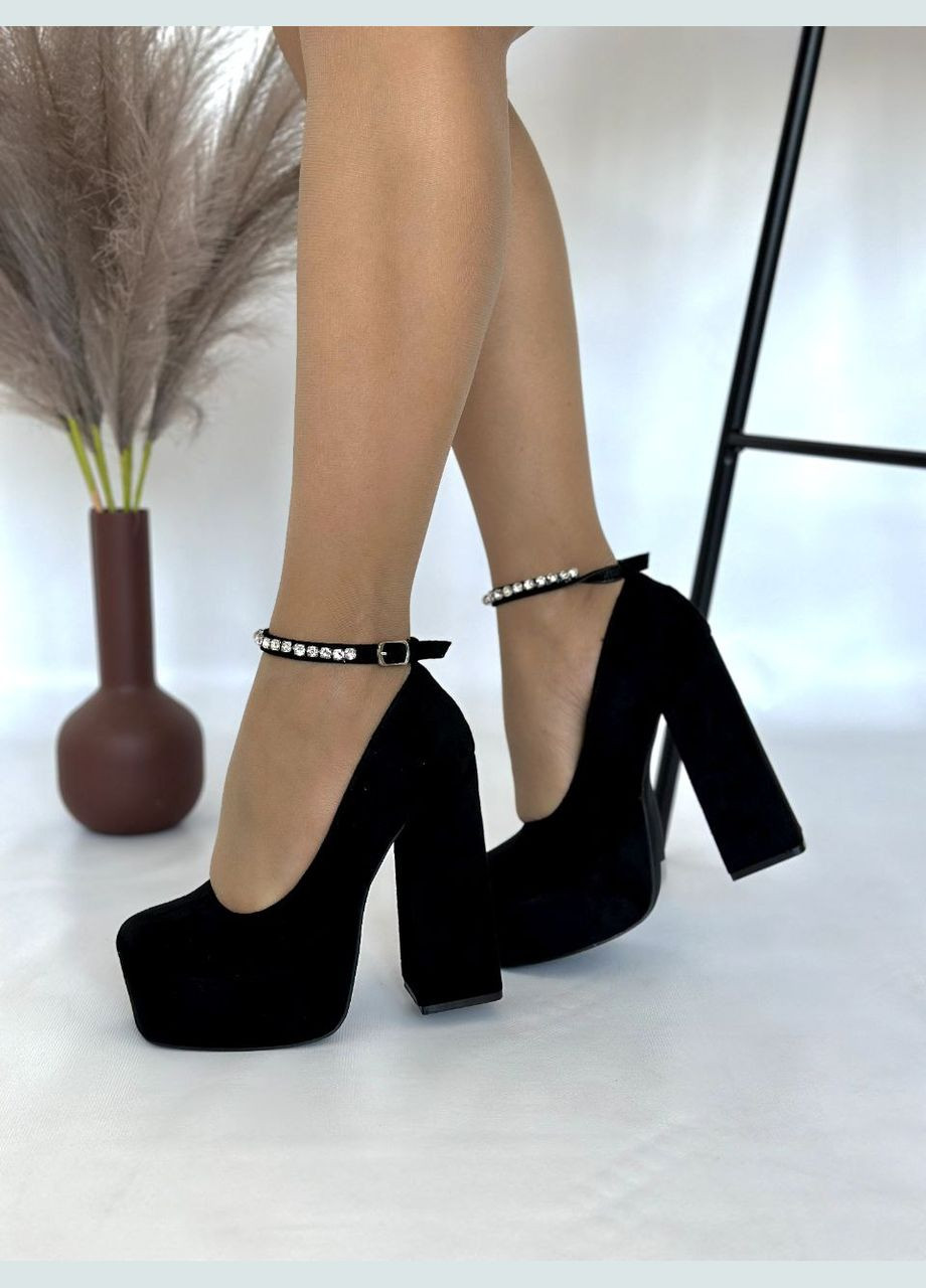 No Brand Жіночі трендові туфлі на високих підборах та платформі чорний колір еко замш з камінцями туфлі-човники чорний з штучна замша, — всесезон (314711076)