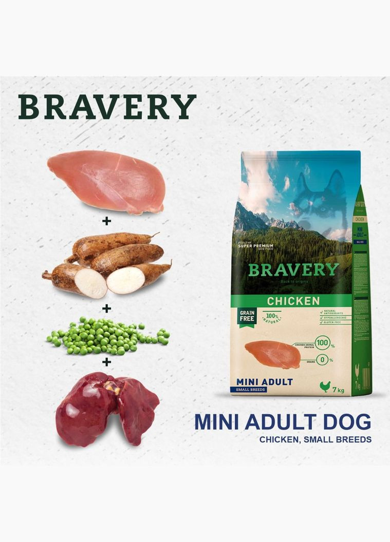 Сухий корм Chicken Mini Adult для дорослих собак дрібних порід з куркою 2 кг (8436538946718) Bravery (316226694)