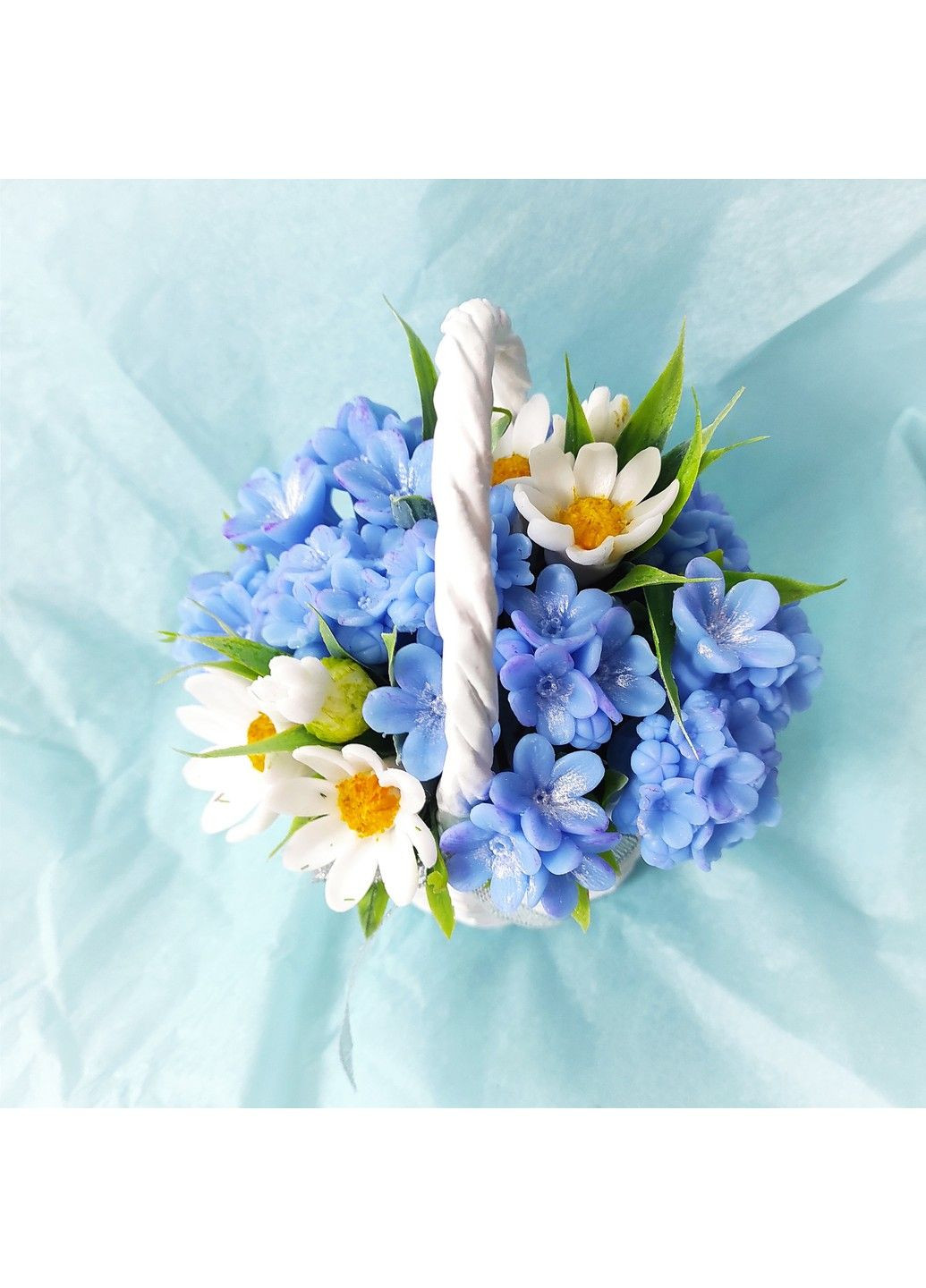 Букет квітів з мила Незабудки з ромашками в корзинці Bila Lileya (318093522)