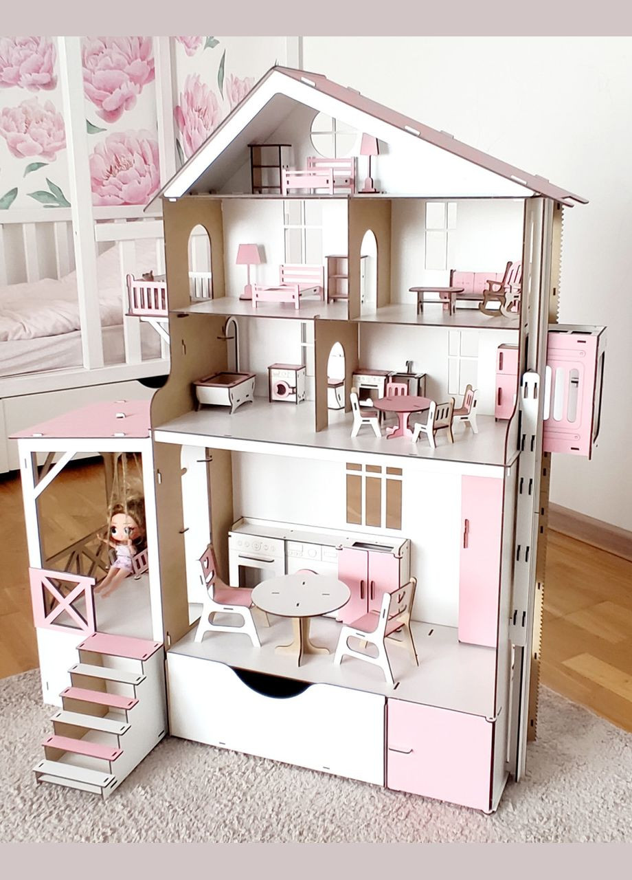 Деревянный детский кукольный домик сборный трехэтажный для кукол, с лифтом, с террасой, с балконом и с ящичком No Brand (305076694)