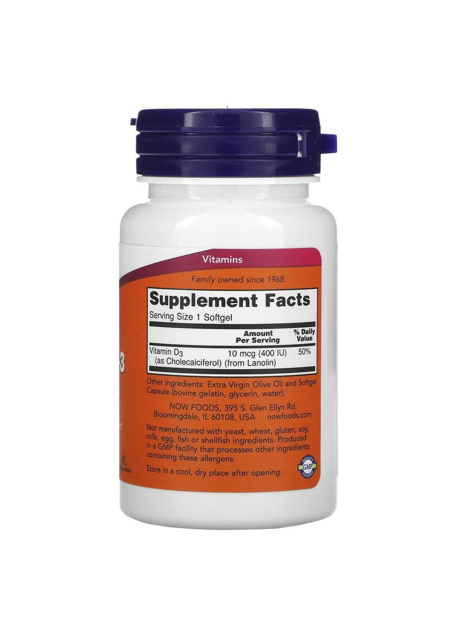 Витамин Д3 Холекальциферол Vitamin D-3 400 МЕ 180 капсул Now Foods (357343152)