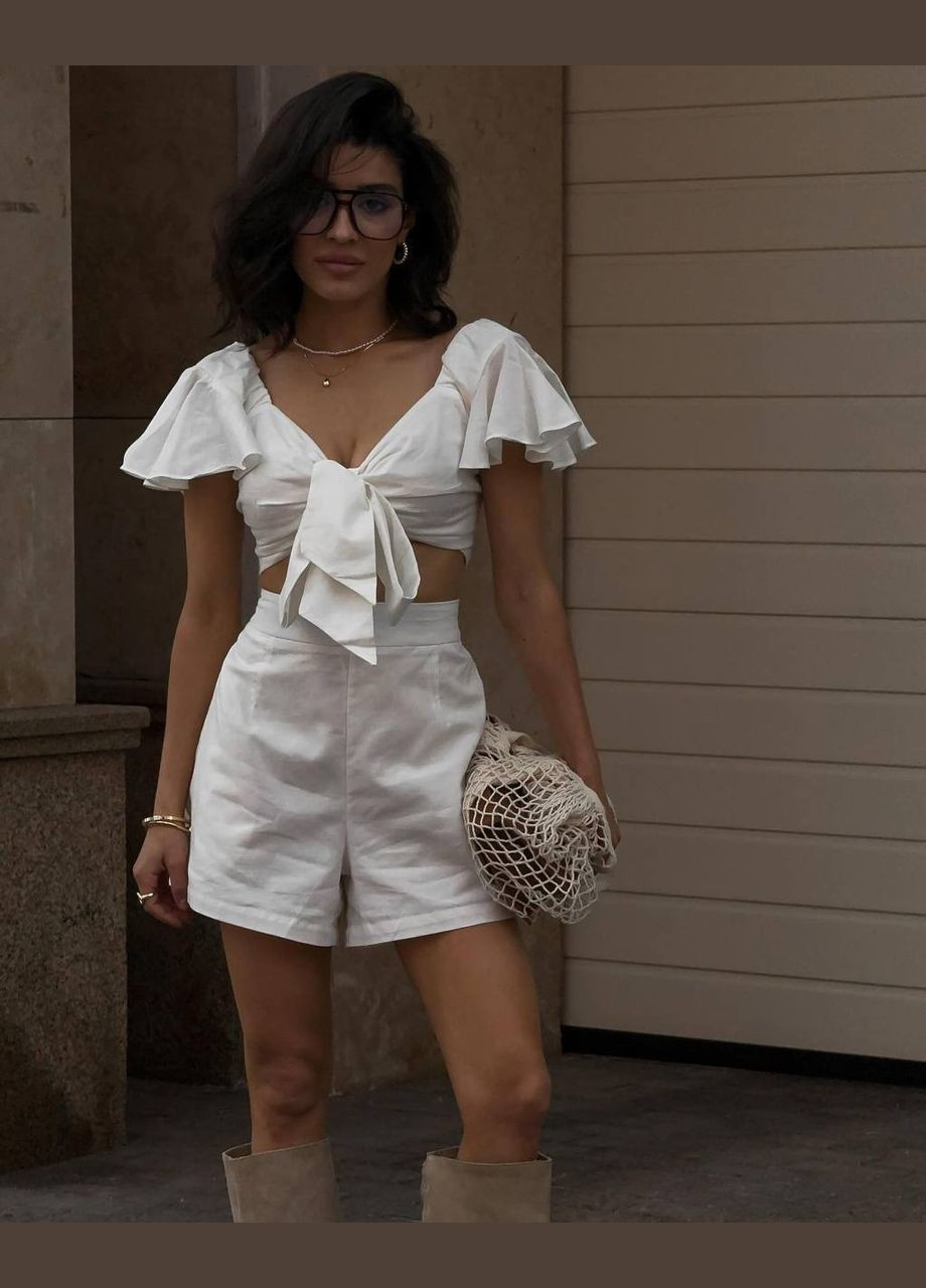 Женский летний костюм с льна кроп-топ и шорты. MonCher (335813692)