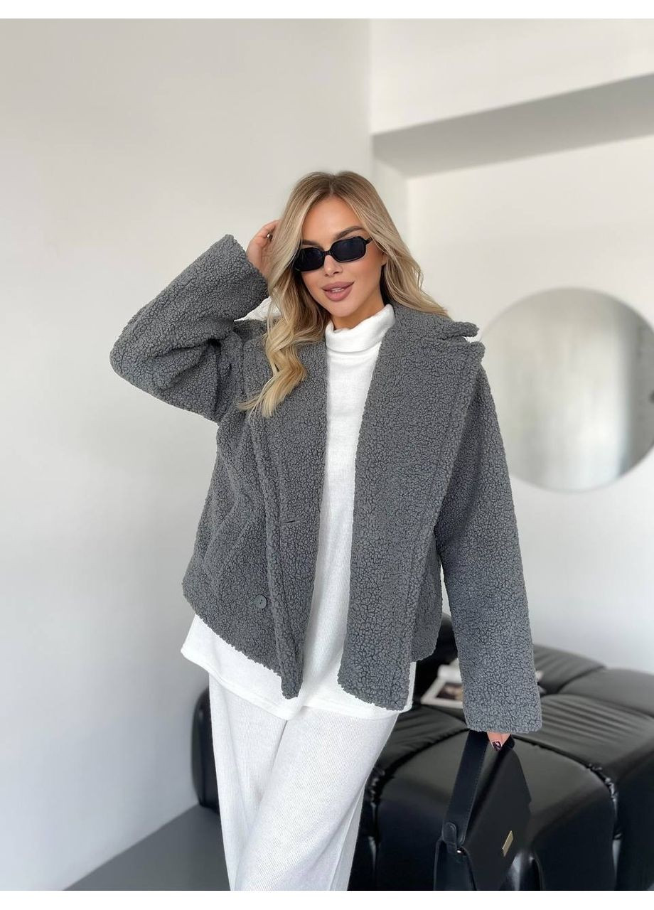 Сіра зимня жіноча коротка шуба-куртка з букле Fashion