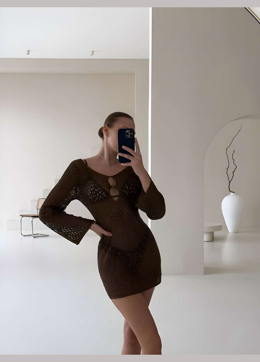 Жіноча літня пляжна ажурна туніка із довгим рукавом коричнева кавова Україна (345557388)