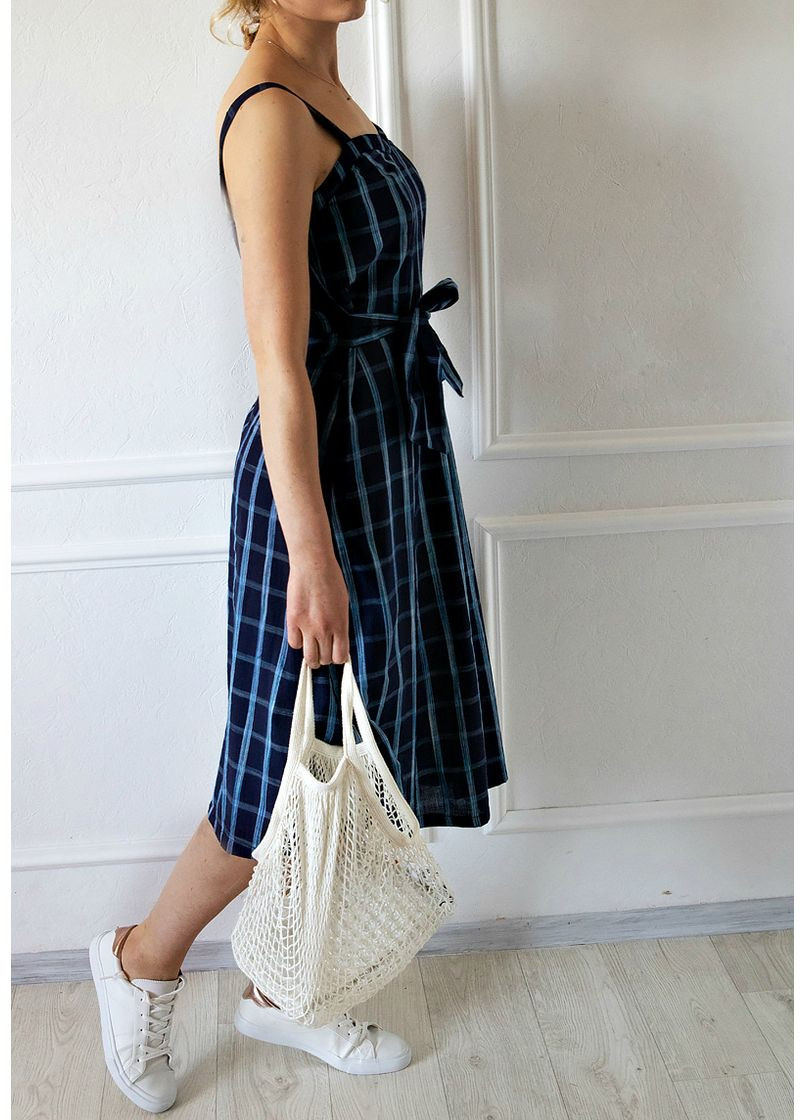 Синее хлопковое платье в клетку Mango