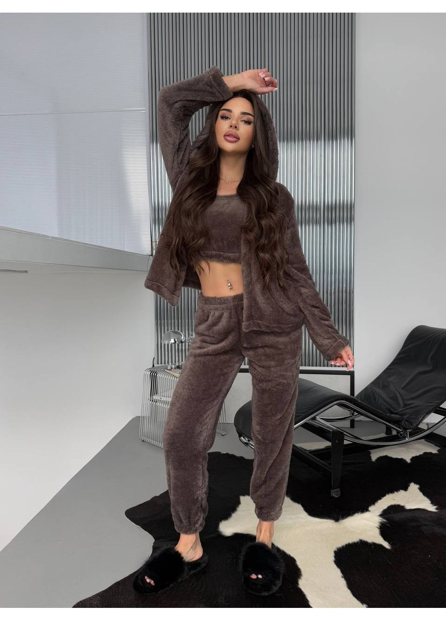 Коричневая всесезон пижама тройка из турецкой двусторонней махры — замеры в описании рубашка + топ + брюки DK/DL Мода без кордонів