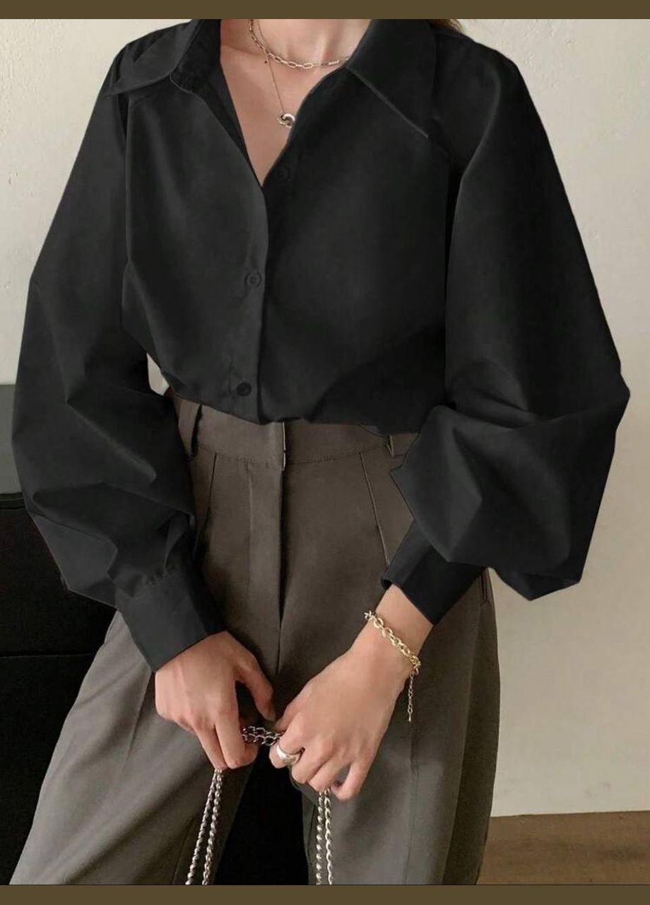 Черная кэжуал рубашка однотонная No Brand с длинным рукавом