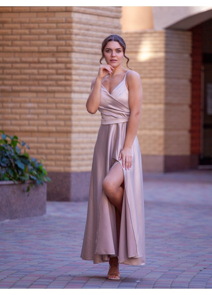 Бежевое вечернее платье колокол, с юбкой-солнце First Woman однотонное