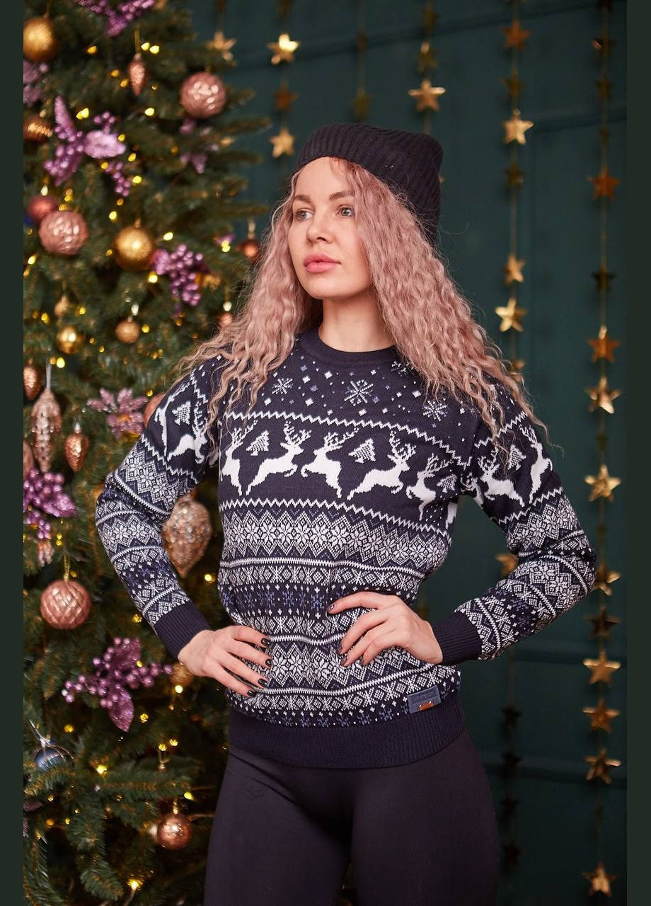 Синий демисезонный новогодний свитер с узором No Brand