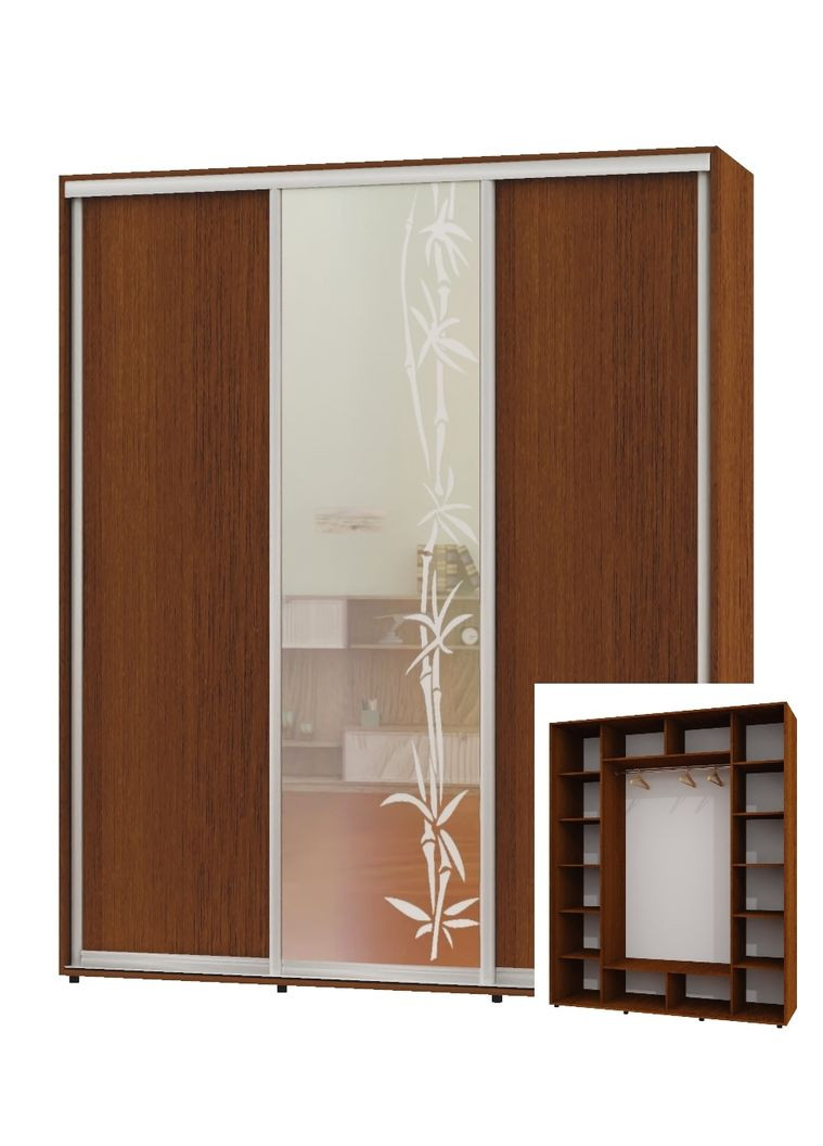 Шкаф-купе трехдверный 230*60*240 Орех лесной 2 ДСП/Зеркало с пескоструйным рисунком ШК-05 Алекса (360433392)