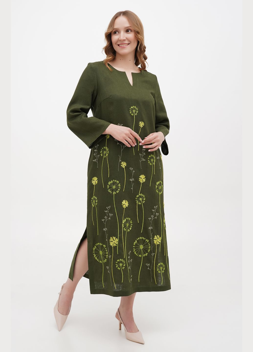 Зеленое длинное льняное платье с цветочной вышивкой с длинным рукавом жаклен. бежевый, р.46, код 0342/46/606 ГАЛЕРЕЯ ЛЬОНУ