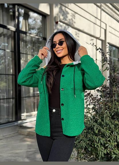 Жіноча стильна сорочка на гудзиках щ капюшоном Барашка зелена You Best (312534974)