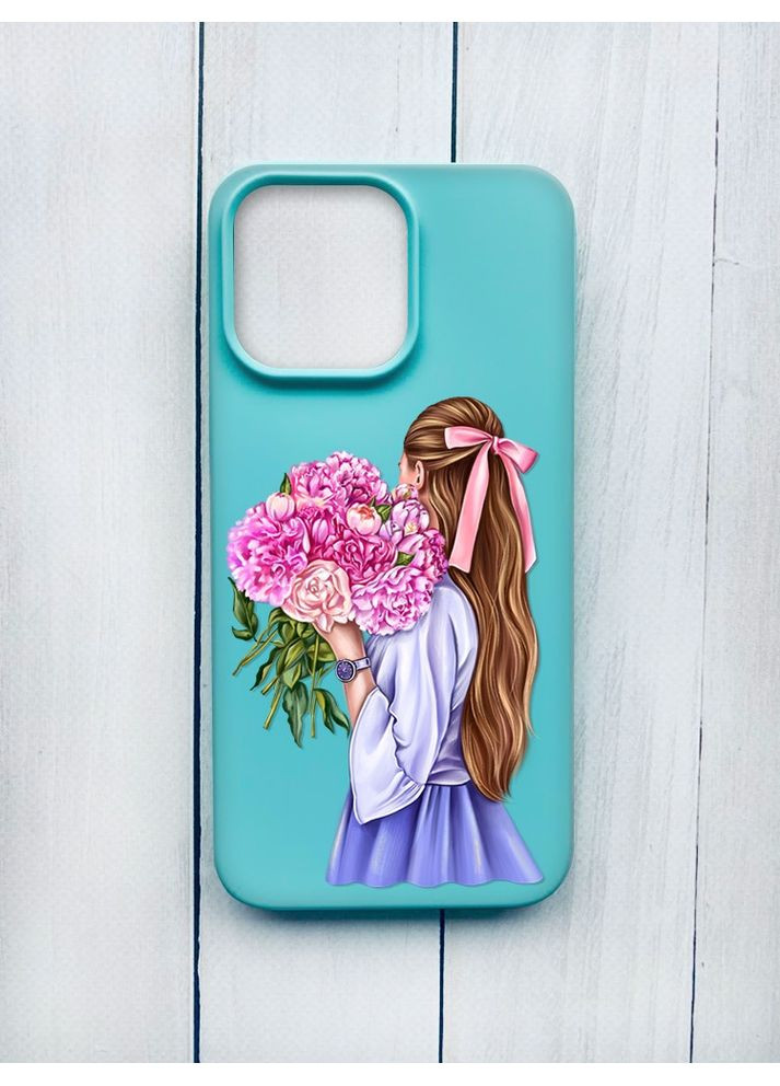 Матовий чохол на iPhone 15 Pro Max Бірюзовий:: Дівчина з півоніями (принт 11) CASE CONTROL (360690472)