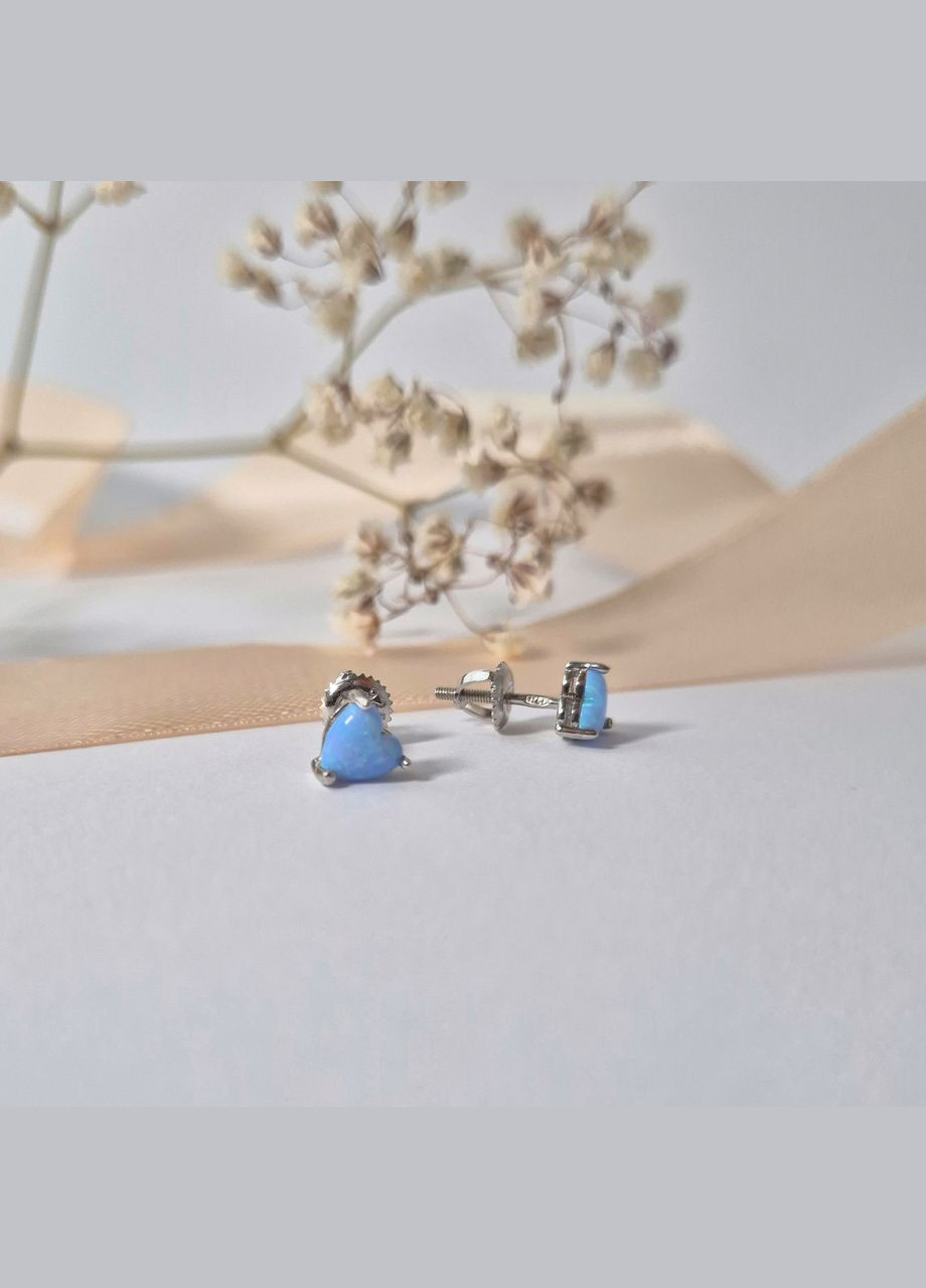 Срібні сережки гвоздики на закрутках Серце з блакитним опалом срібло 925 проба Родоване ск2опг/1164 No Brand (306742859)