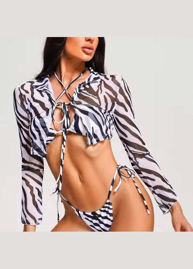 Коричневый летний раздельный купальник бандо с накидкой зебра s m (44 46) коричневый Po Fanu