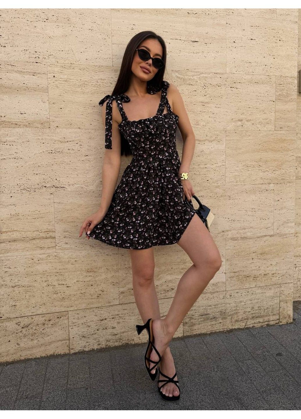 Черное женское платье с имитацией корсета мод.1069 черный принт Україна