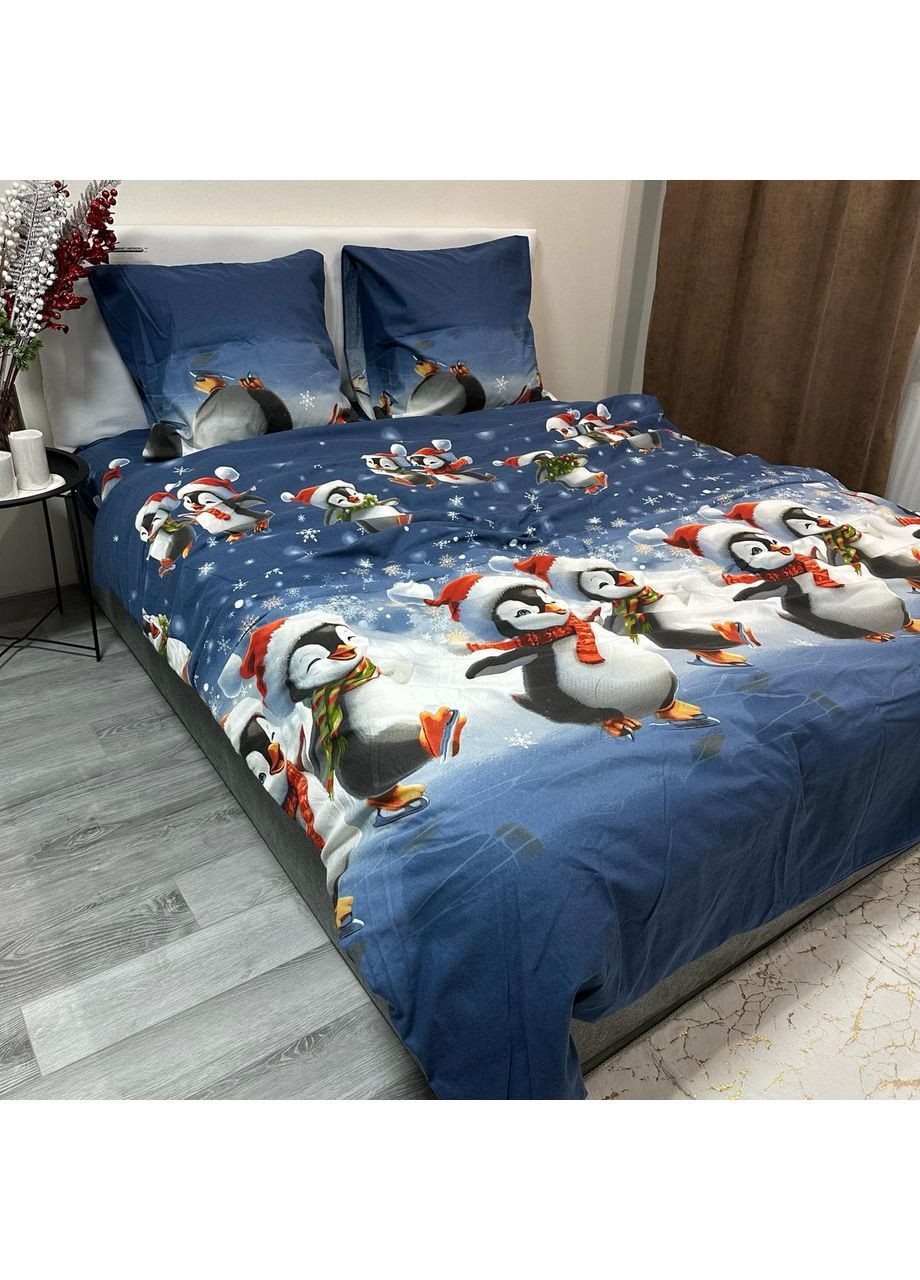 Зимнее постельное белье фланель (байка) двуспальный размер синего цвета – мягкость, тепло и новогоднее настроение! No Brand (370278929)