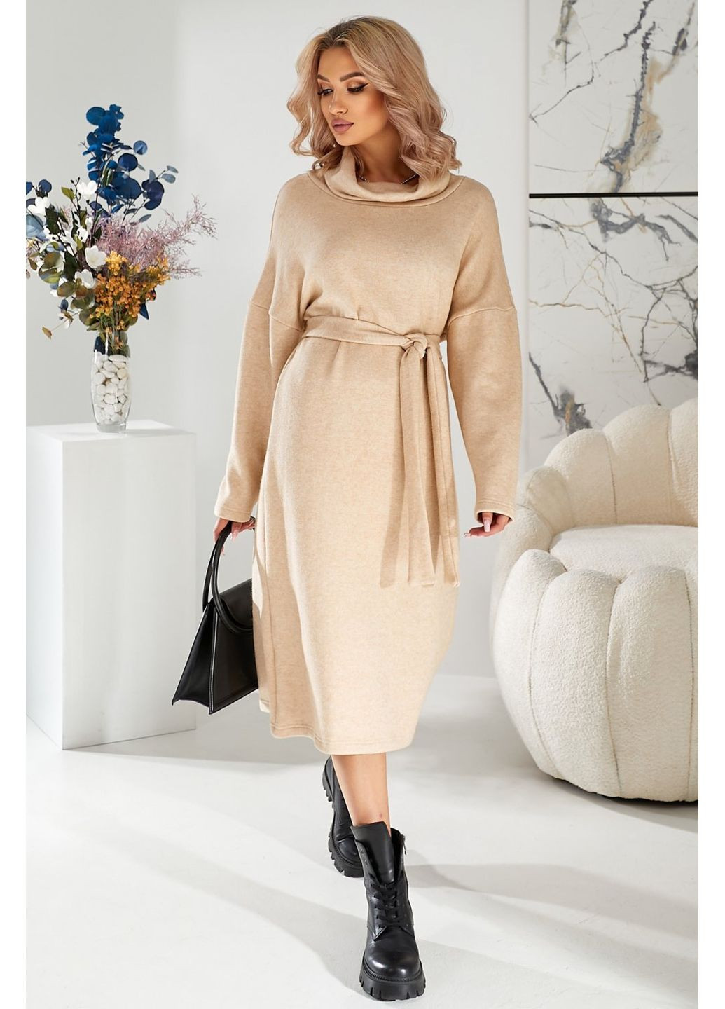 Бежевое повседневный женское теплое платье из шерсти (ll187070083) LadyLike