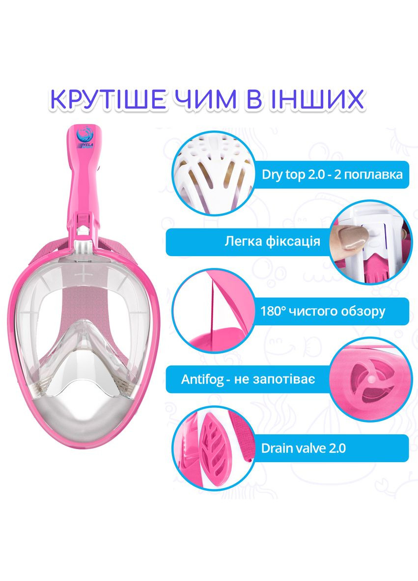 Дитяча Маска для плавання X/S (513років) 4.0 Повнолицева панорамна Снорклінг Маска на все обличчя для купання пірнан VelaSport (273422087)