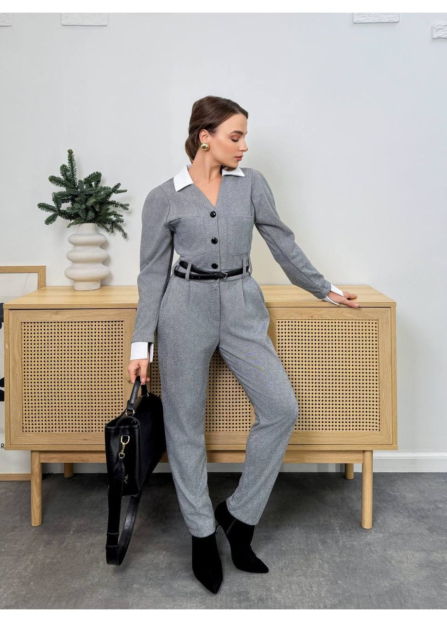 Комбінезон із двостороннього кашеміру з робочими ґудзиками та кишенями, талія на резинці — ЗАМІРИ В ОПИСІ GD/GL Модний простір комбінезон-брюки однотонний сірий повсякденний кашемір