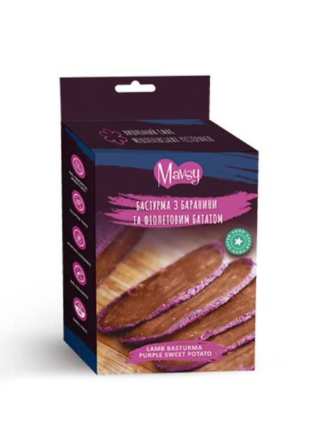 Ласощі для собак від 3-х місяців бастурма з баранини та фіолетовим бататом, 500 г Mavsy (328263177)