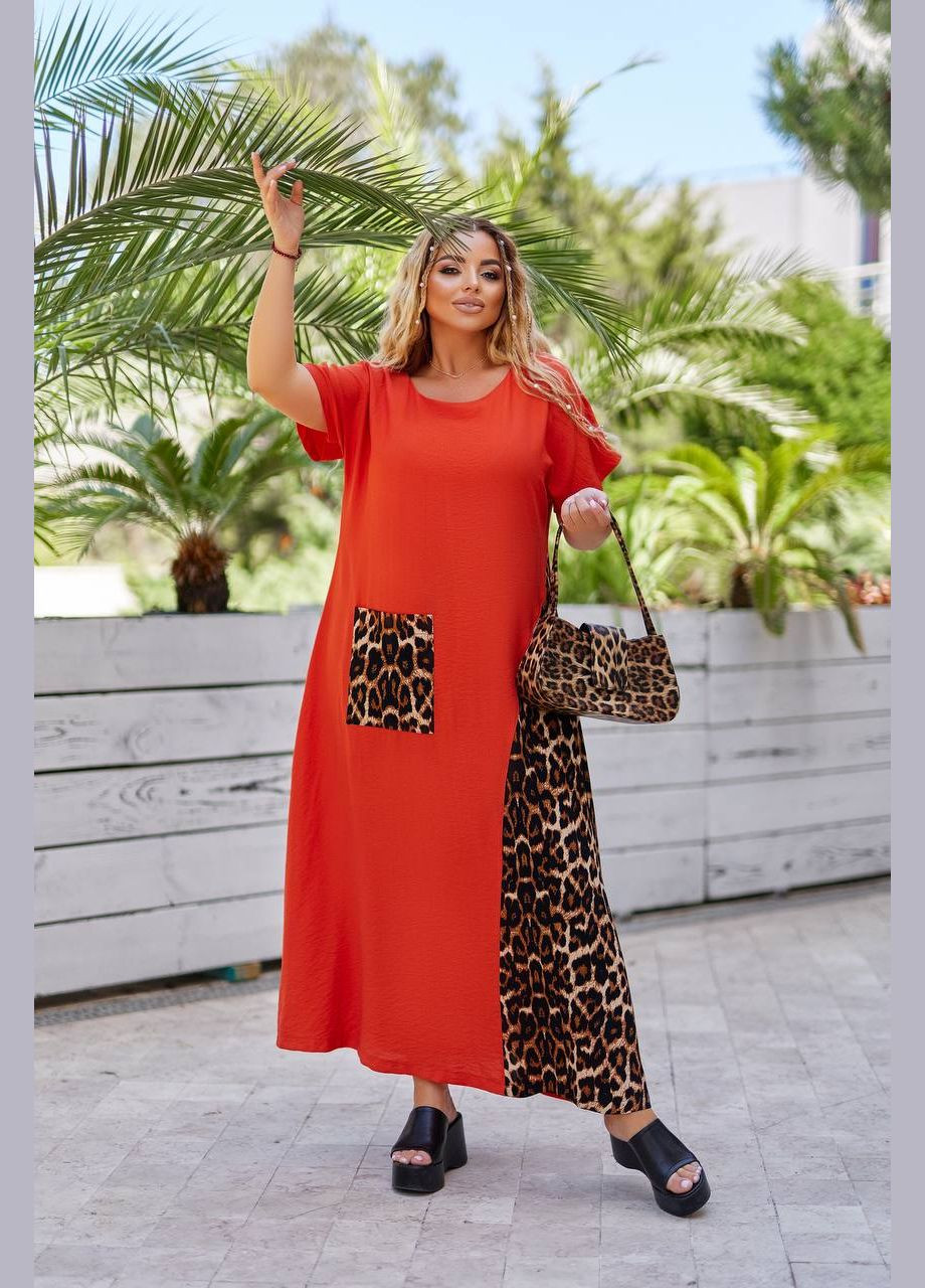 Оранжевое повседневный, кэжуал женское платье больших размеров Style Point леопардовый
