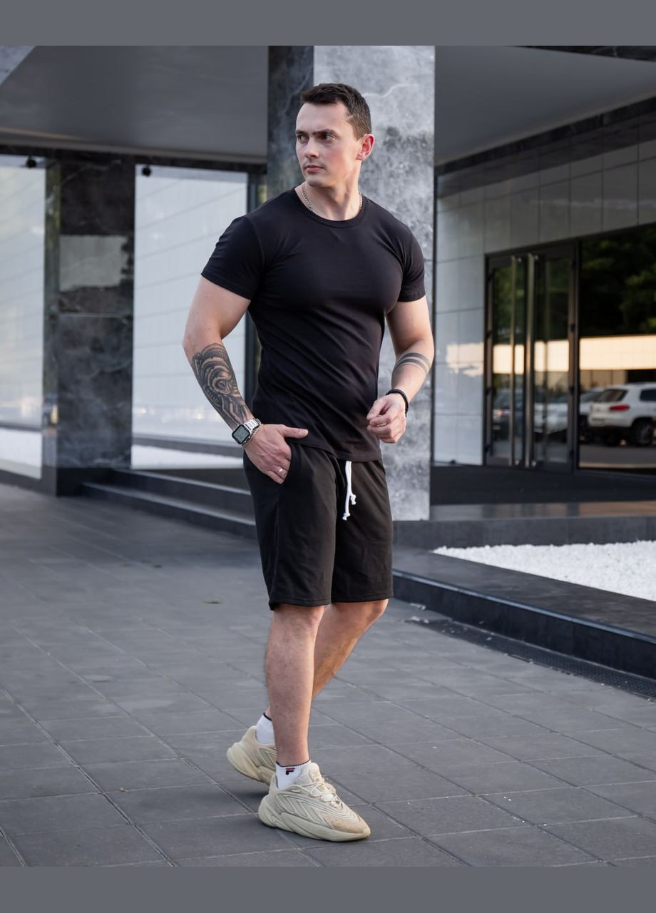 Черный летний базовый хлопковый костюм на лето с шортами Vakko