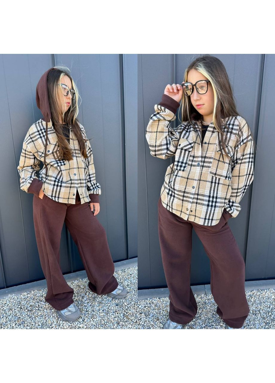 Коричневый костюм детский для девочки теплый брюки карго /палаццо и рубашка в клетку с капюшоном No Brand