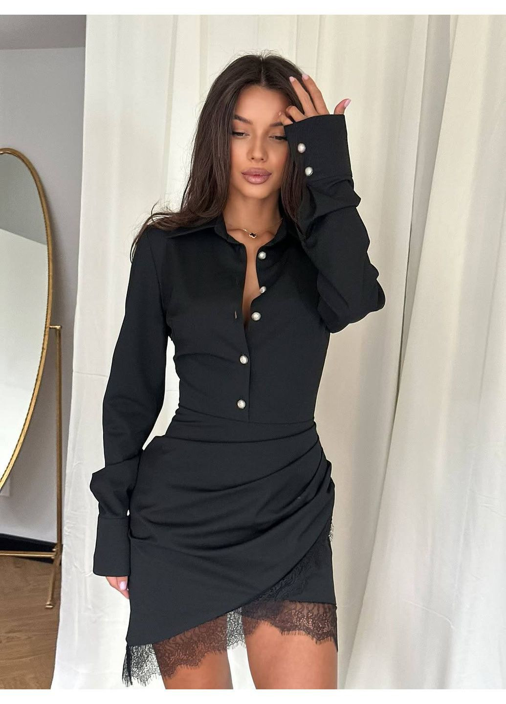 Черное праздничный, повседневный, вечернее, кэжуал, деловое женское платье с кружевом рубашка No Brand однотонное